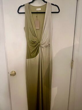 slim fit dress slacks Dalia Off Shoulder Satin Maxi Dress / Sage | Meshki